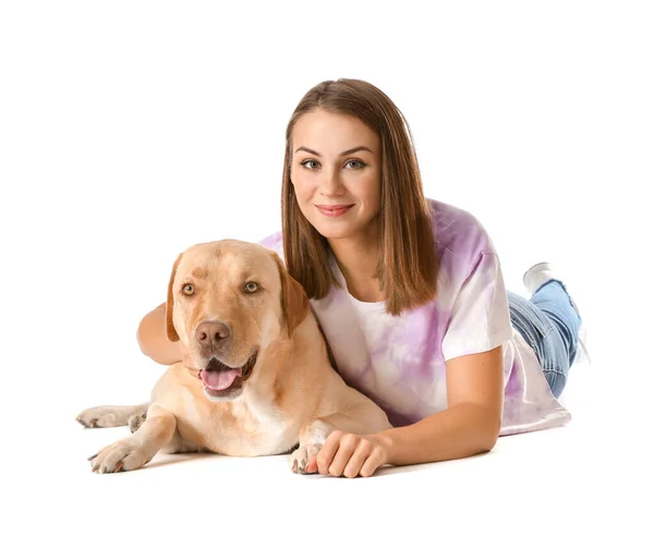 Beautiful young woman with cute dog on white background — Stock Photo, Image