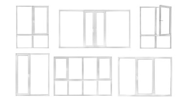 Beyaz zemin üzerinde farklı modern metal-plastik pencereler