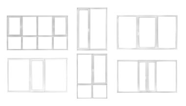 Beyaz zemin üzerinde farklı modern metal-plastik pencereler