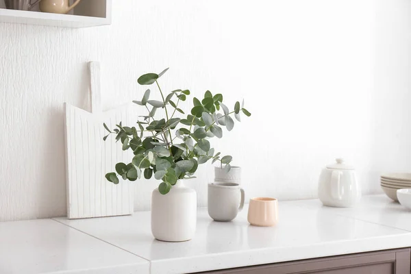 Váza eukaliptusz ágakkal az asztalon a konyhában — Stock Fotó