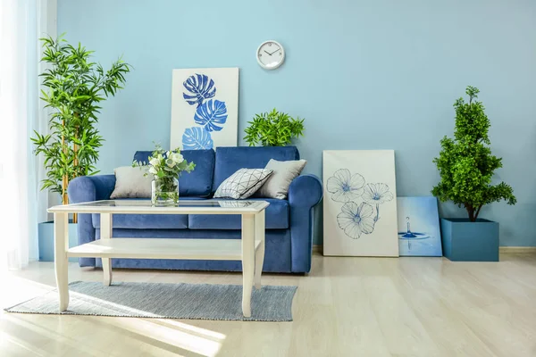 Green houseplants in interior of living room — Stock Photo, Image