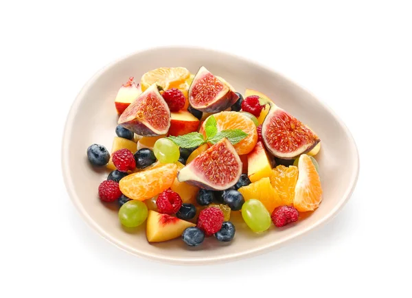 Plate with tasty fruit salad on white background — Stock Photo, Image