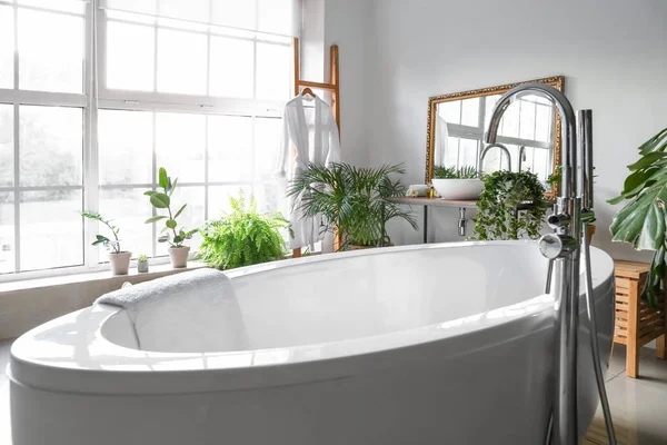 Interior elegante do banheiro com plantas de sala verdes — Fotografia de Stock