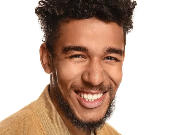 Portrait of happy African-American man on white background — Stock Photo, Image