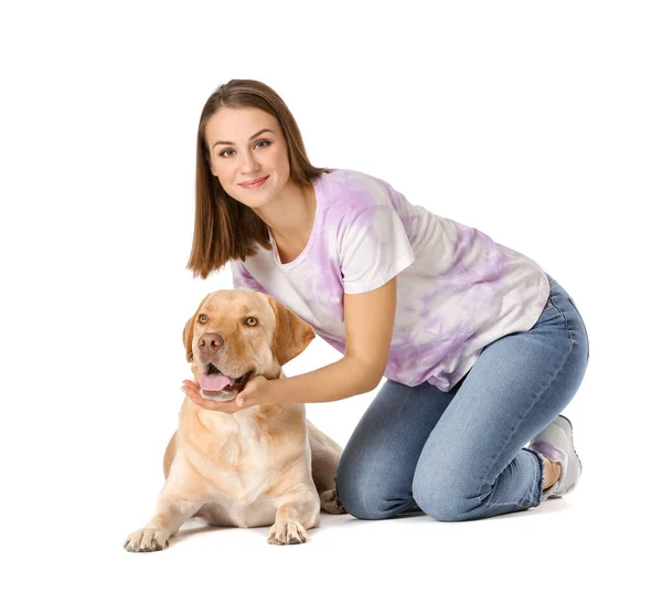 Beautiful young woman with cute dog on white background — Stock Photo, Image