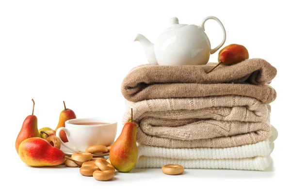 Beautiful autumn composition with warm clothes and tea on white background — Stock Photo, Image