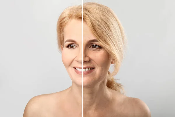 Comparison portrait of middle-aged woman on light background. Process of aging — Stock Photo, Image
