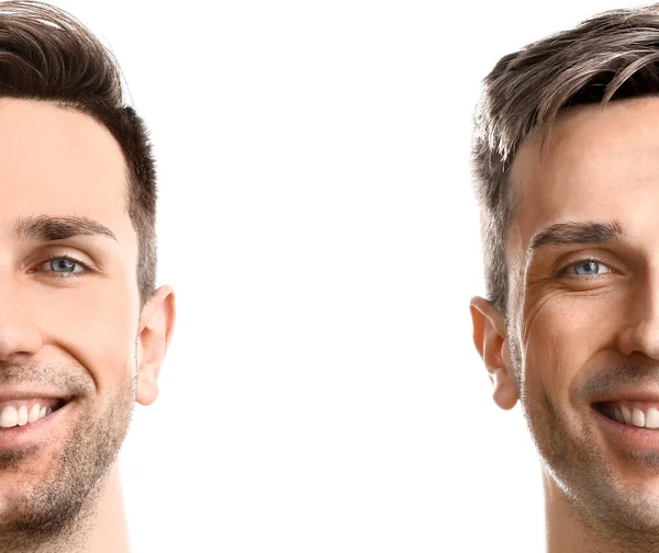 Comparison portrait of man with young and old skin on white background. Process of aging — Stock Photo, Image