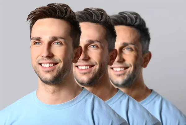 Vergelijking portret van de mens op grijze achtergrond. Verouderingsproces — Stockfoto