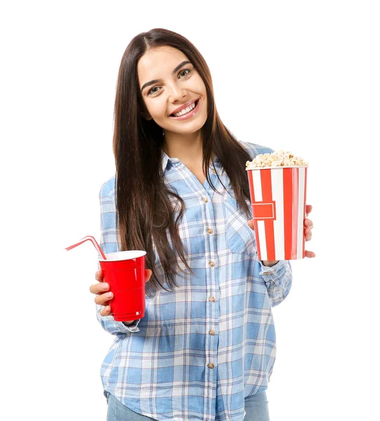 Young woman with popcorn and soda drink on white background — Stock Photo, Image