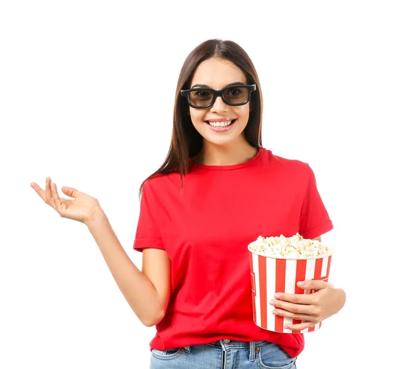 Young woman with popcorn on white background — Stock Photo, Image