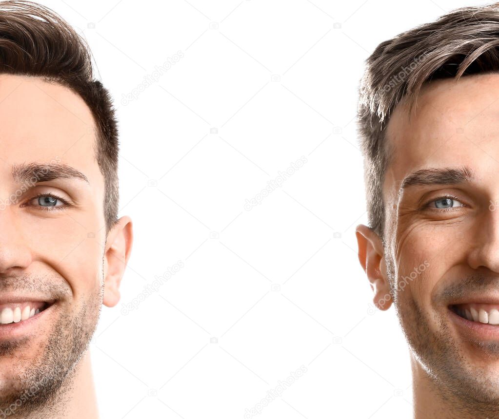 Comparison portrait of man with young and old skin on white background. Process of aging