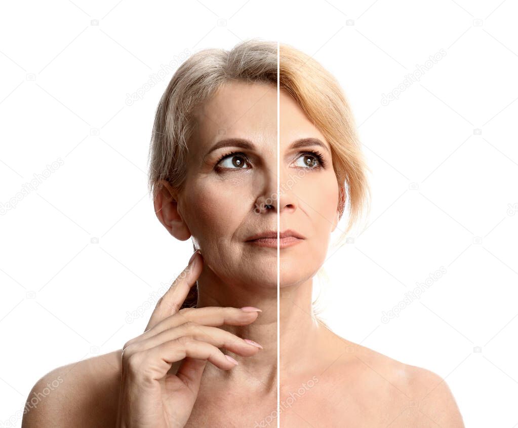 Comparison portrait of middle-aged woman on white background. Process of aging