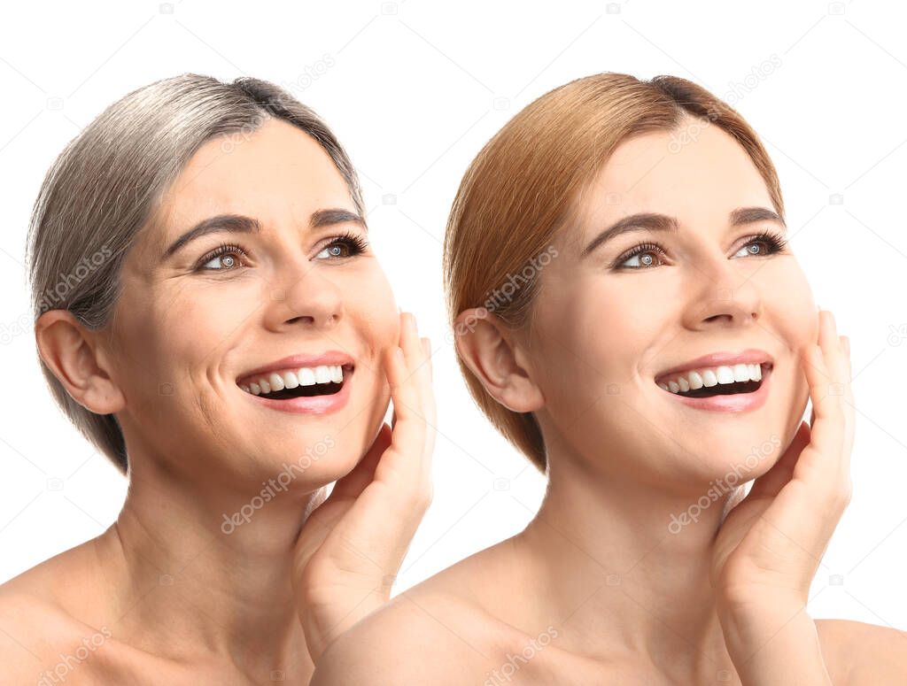 Comparison portrait of woman with young and old skin on white background. Process of aging