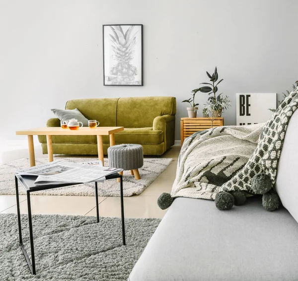 Big soft sofa in stylish interior of room — Stock Photo, Image