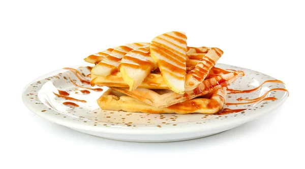 Plate with tasty waffles and pears on white background — Stock Photo, Image