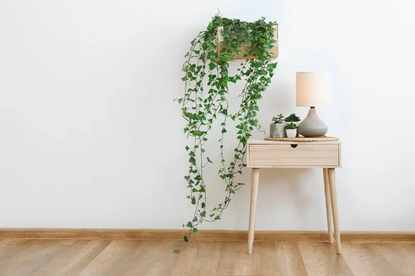 Mesa con plantas de interior verde y lámpara en la habitación — Foto de Stock