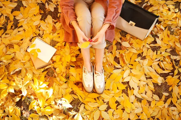 Schöne junge Frau ruht sich im Herbstpark aus — Stockfoto