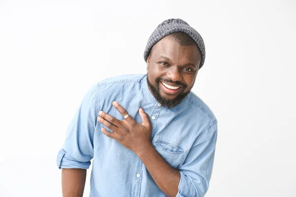 Portrait of happy African-American man on white background — Stock Photo, Image