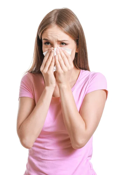 Young woman suffering from allergy on white background — Stock Photo, Image