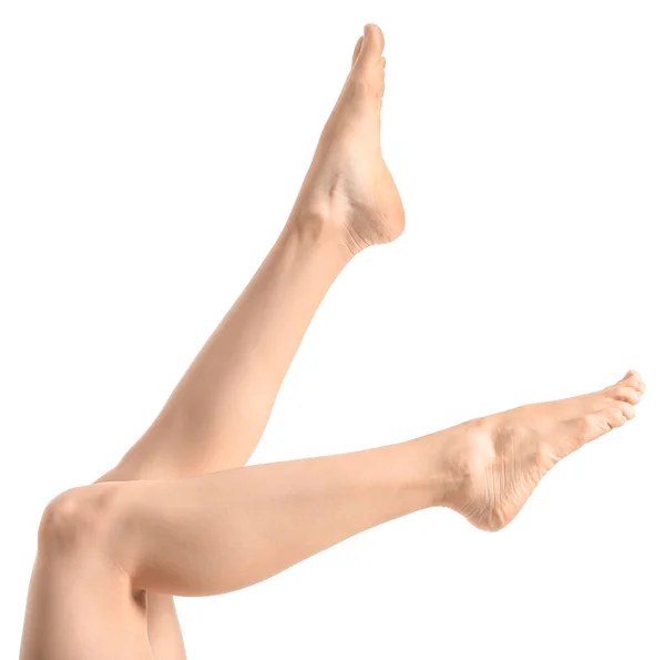 Woman with beautiful legs after depilation on white background — Stock Photo, Image