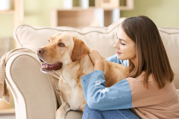 Vacker ung kvinna med söt hund hemma — Stockfoto