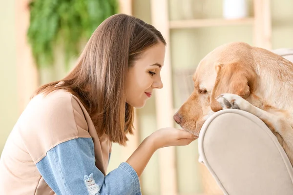 Vacker ung kvinna med söt hund hemma — Stockfoto