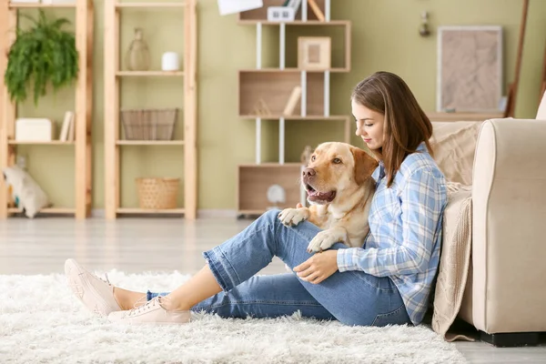 Beautiful young woman with cute dog at home — Stock Photo, Image