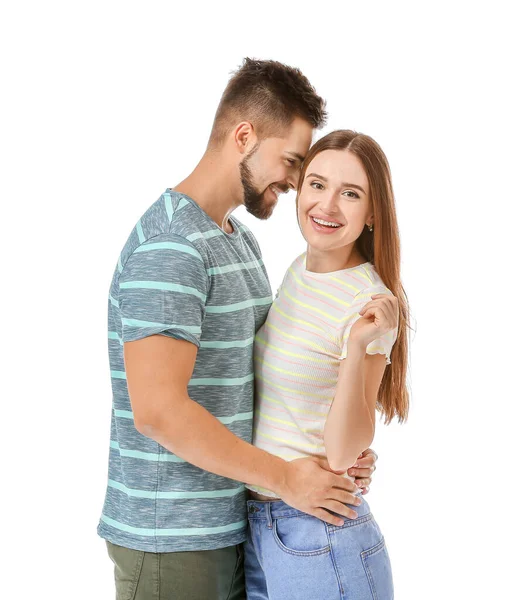 Portrét šťastného mladého páru na bílém pozadí — Stock fotografie