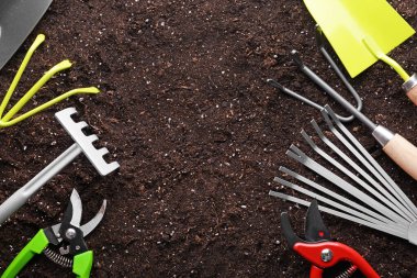 Set of gardening equipment on soil clipart