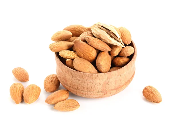 Bowl with tasty almonds on white background — Stock Photo, Image