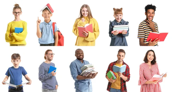 Différentes Personnes Avec Des Livres Sur Fond Blanc — Photo