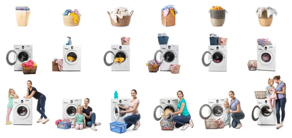 Set Modern Washing Machines People White Background — Stock Photo, Image