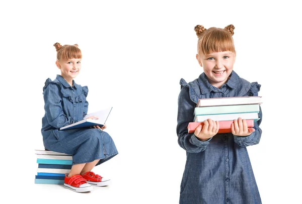 Χαριτωμένο Μικρό Κορίτσι Βιβλία Λευκό Φόντο — Φωτογραφία Αρχείου