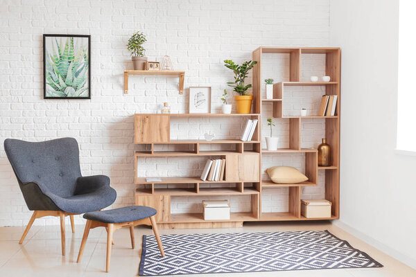 Interior of modern room with shelf unit
