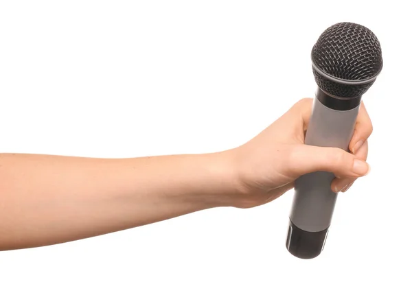 Hand Mit Mikrofon Auf Weißem Hintergrund — Stockfoto