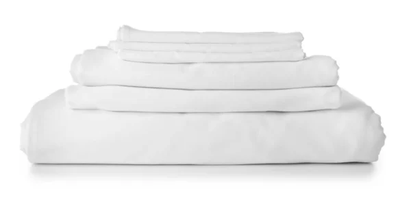 Stack Clean Bed Sheets White Background — Stock Photo, Image