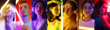 Farklı insanlar ve neon lambalarla kolaj