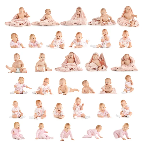 Collage Con Lindo Bebé Sobre Fondo Blanco — Foto de Stock