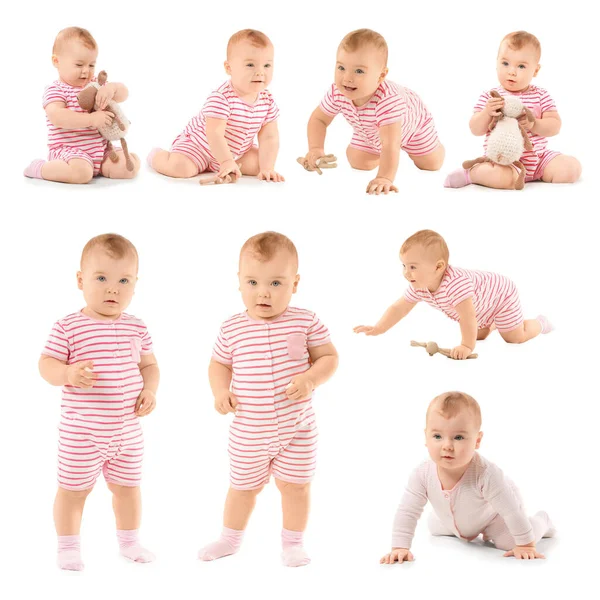 Colagem Com Bebê Pequeno Bonito Fundo Branco — Fotografia de Stock
