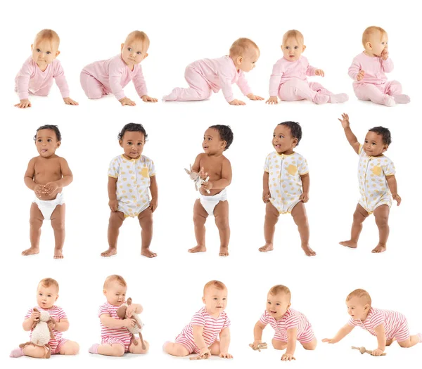 Colagem Com Bebês Bonitos Fundo Branco — Fotografia de Stock