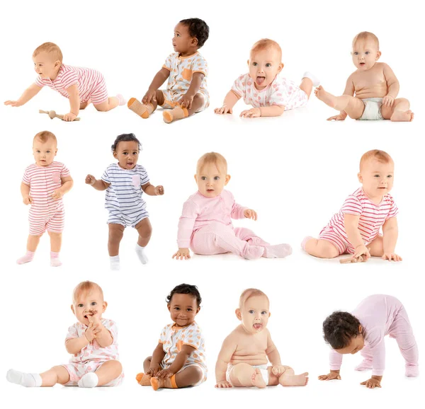 Collage Con Bebés Lindos Sobre Fondo Blanco — Foto de Stock