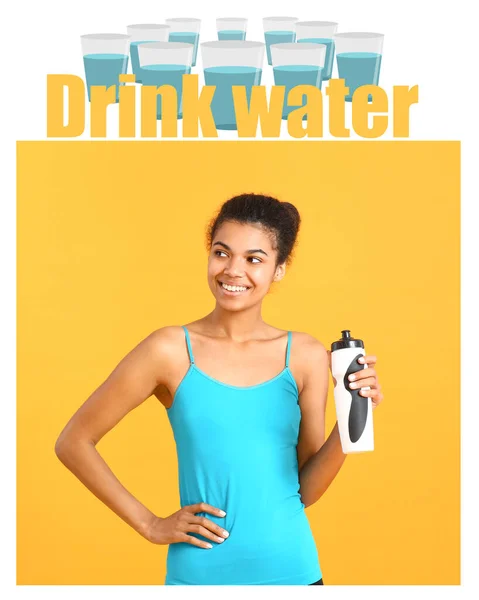 Sporty African American Woman Bottle Water Color Background — Stock Photo, Image