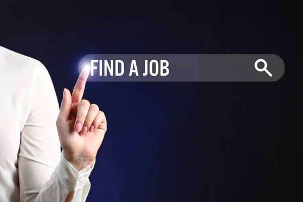 Woman Touching Virtual Search Box Text Find Job Dark Background — Stock Photo, Image