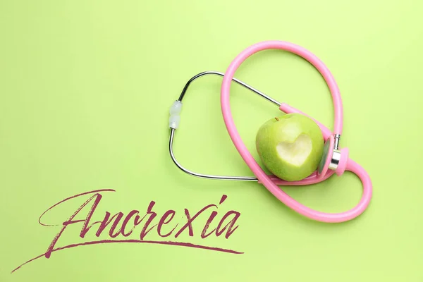 Stethoscope Apple Word Anorexia Color Background — Stock Photo, Image