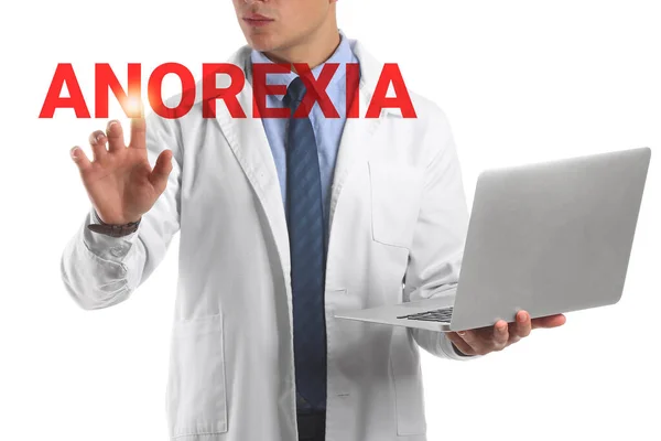 Arzt Mit Laptop Und Wort Anorexia Auf Weißem Hintergrund — Stockfoto