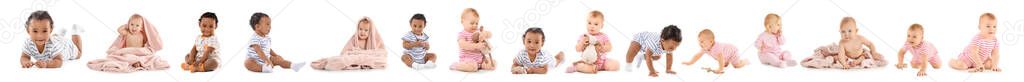 Collage with cute little babies on white background