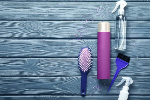 Hair Sprays Hairdresser Supplies Wooden Background — Stock Photo, Image