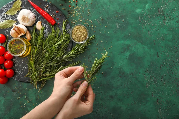 Female Hands Rosemary Spices Vegetables Color Background — Stock Photo, Image