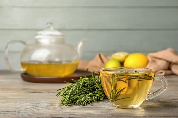 Cup Hot Tea Rosemary Table — Stock Photo, Image